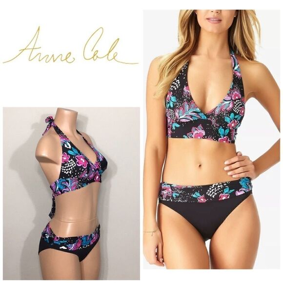 Anne Cole black floral bikini. L-top/M-bottom. NWT - Picture 3 of 14